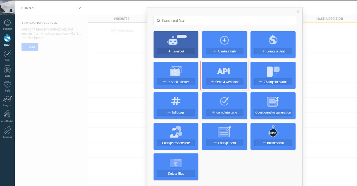 Setting up sending webhooks in AmoCrm