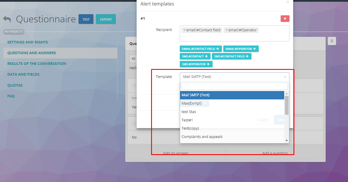 Selection of Email Template in Oki-Toki