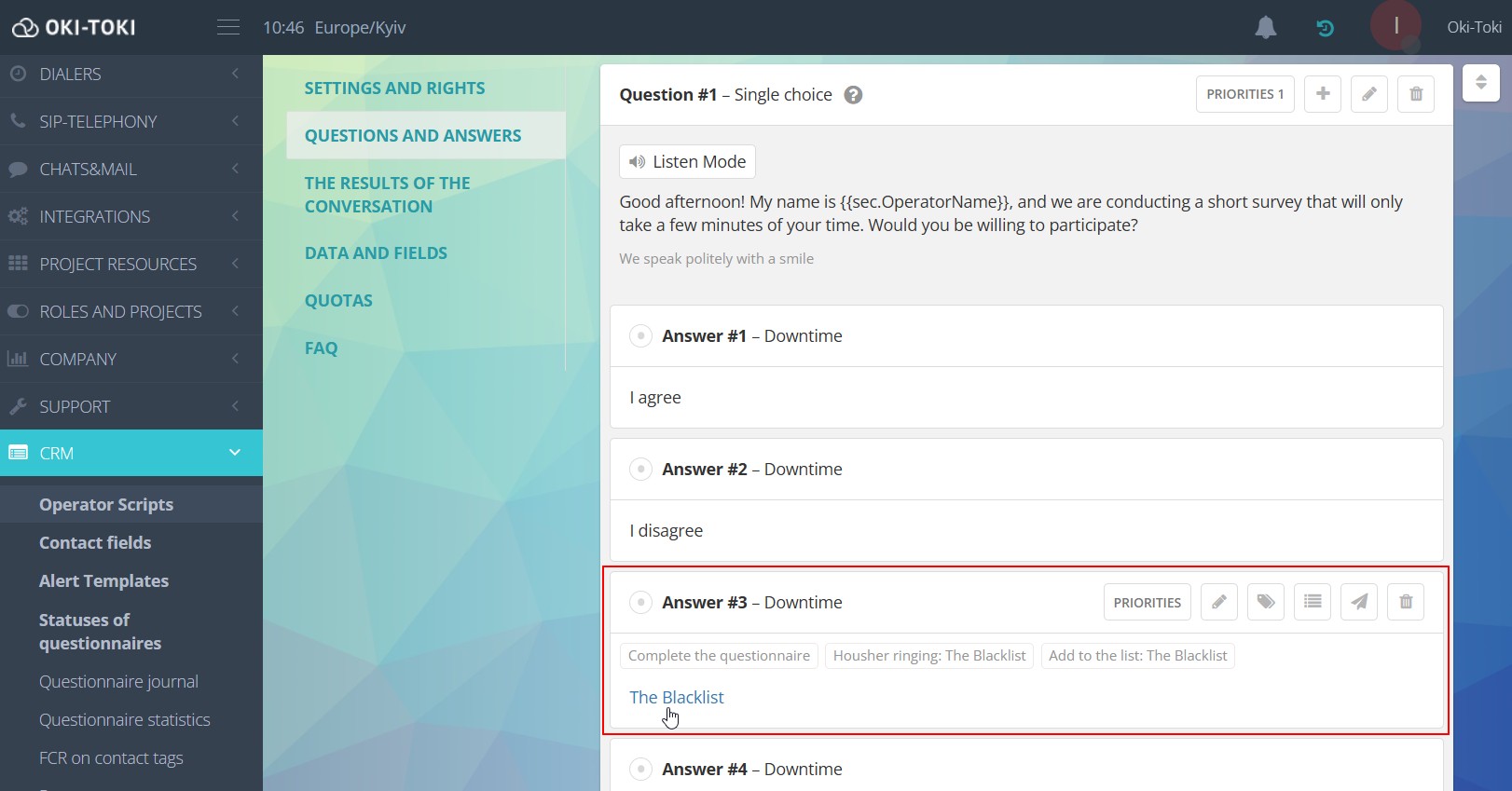 Settings of the agent's script
