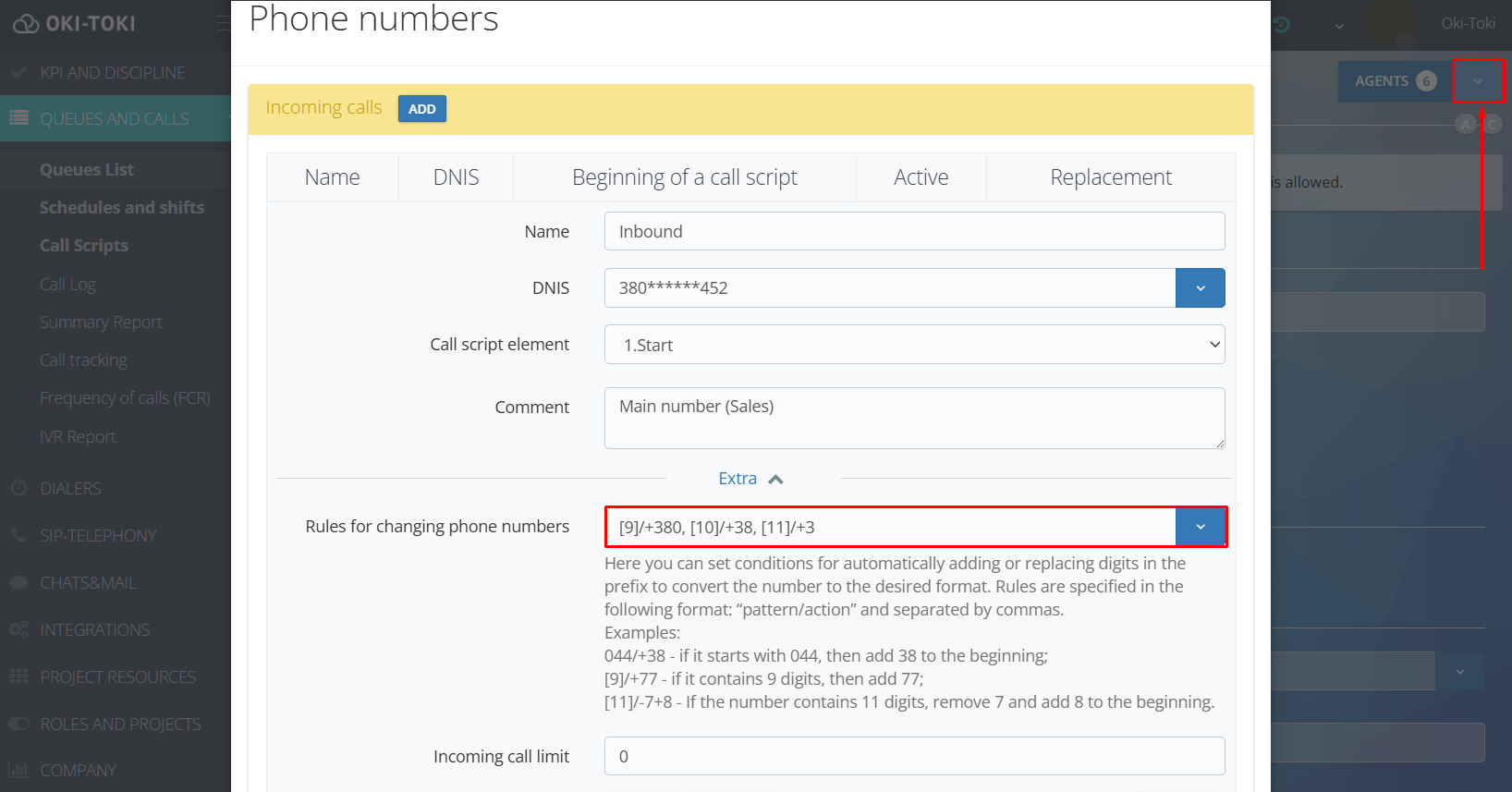 Conversion in “Phone Number Settings”
