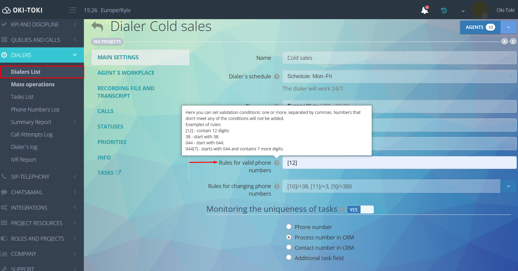 Validation in dialer