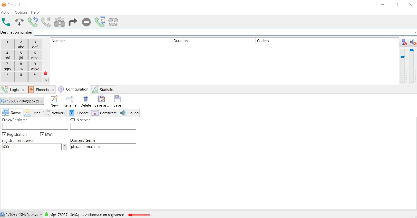 Estado de registro en el softphone