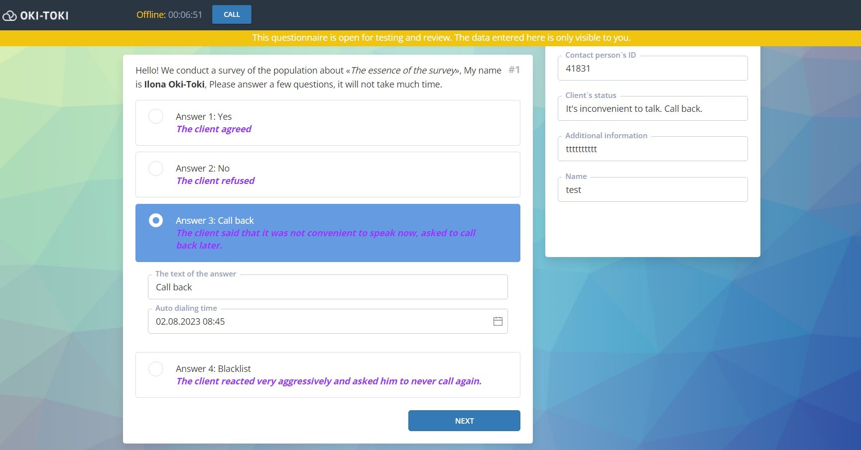 Oki-Toki survey for conducting surveys