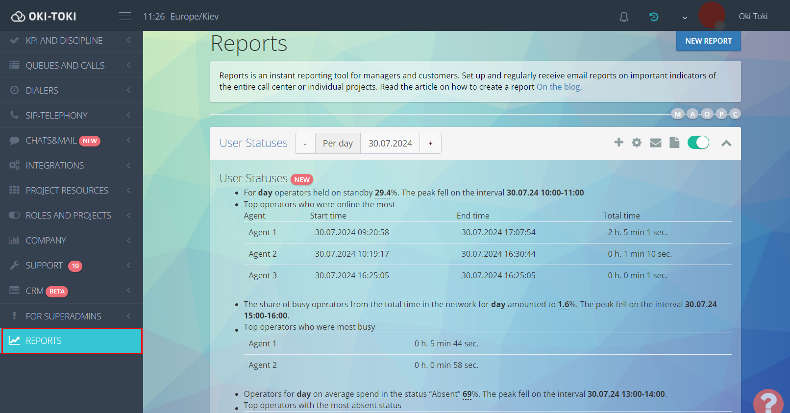 Report on agent performance