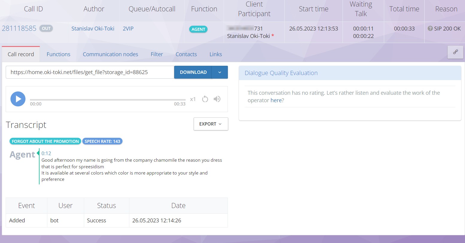 Transcript and speech analytics in Oki-Toki