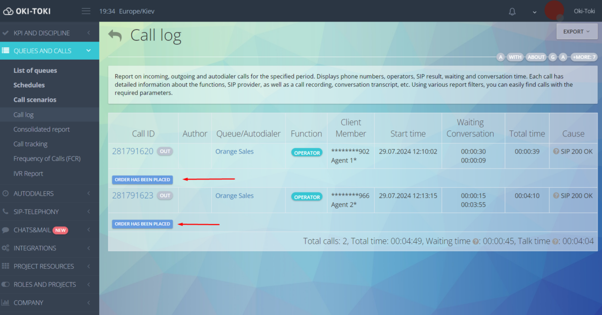Calls with hashtags in report