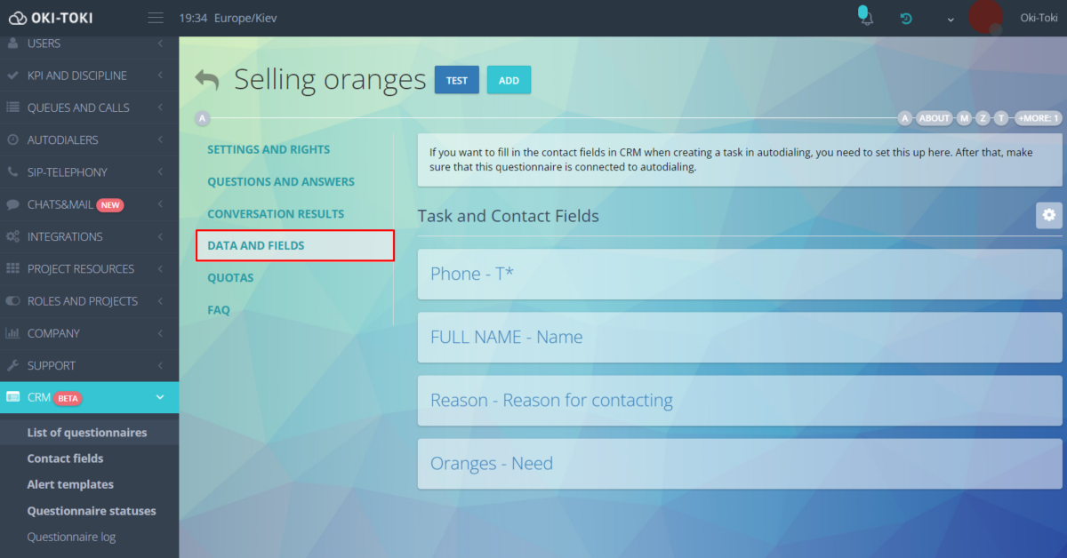 Contact fields in questionnaire