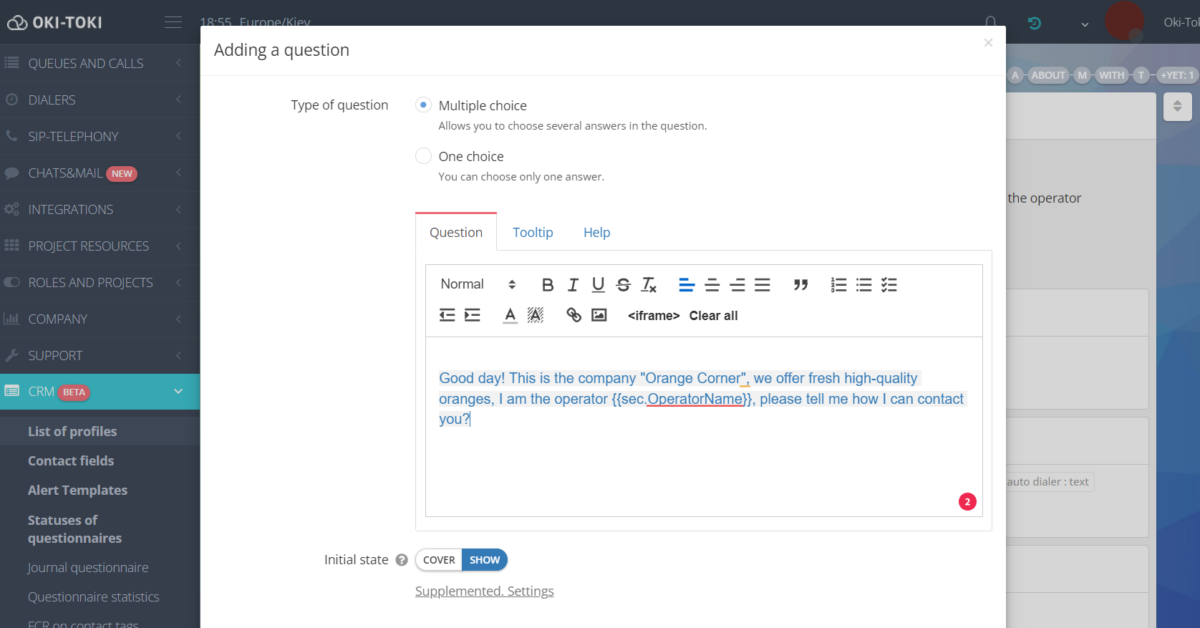 Configuring questionnaire question parameters