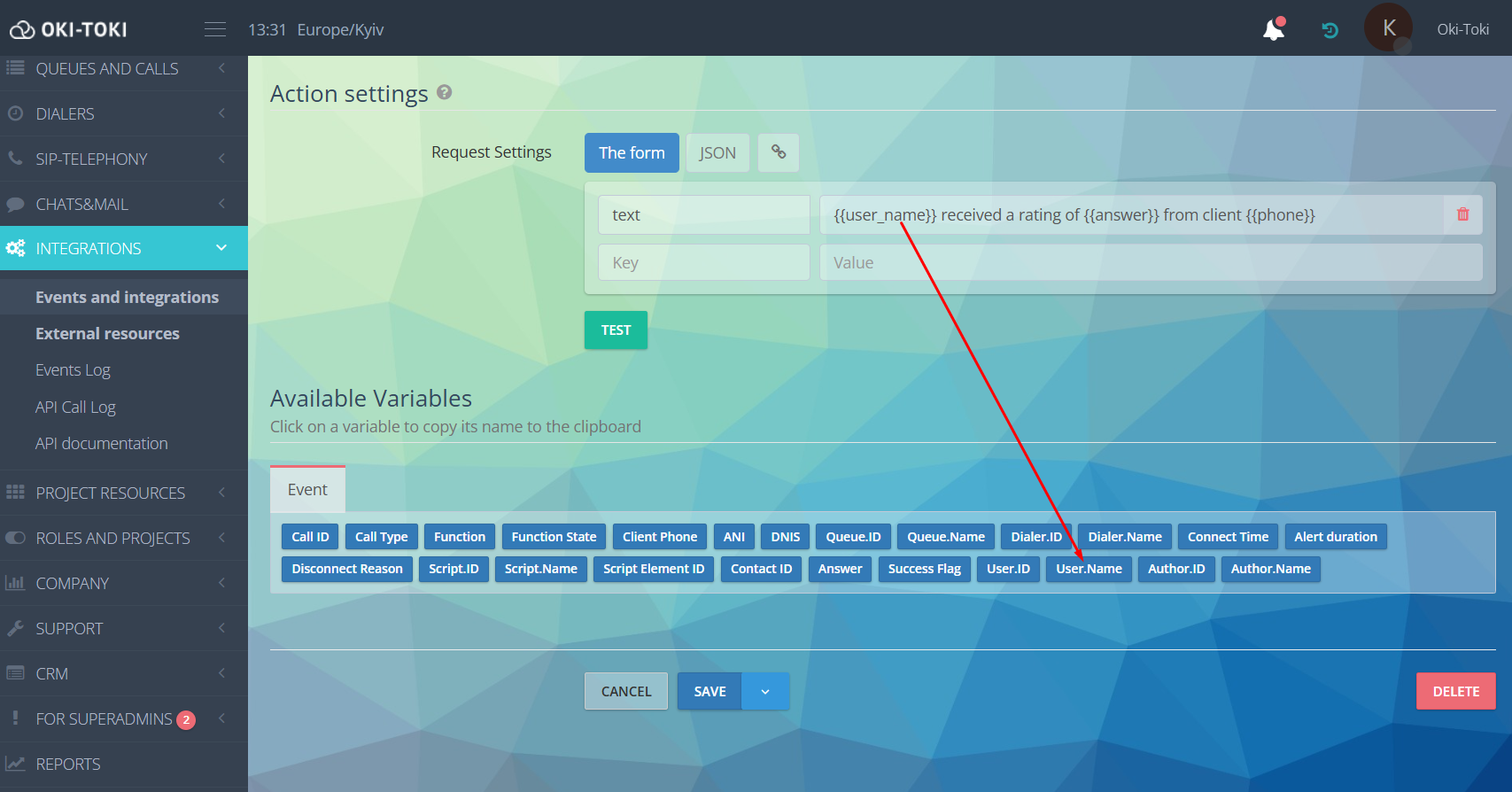 Telegram action parameters