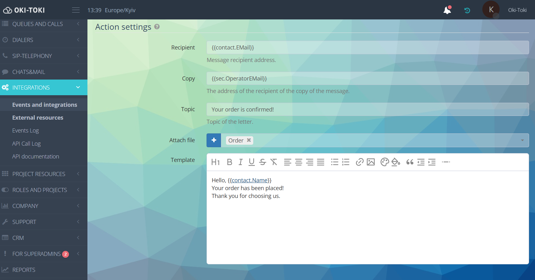 Mail SMTP action parameters