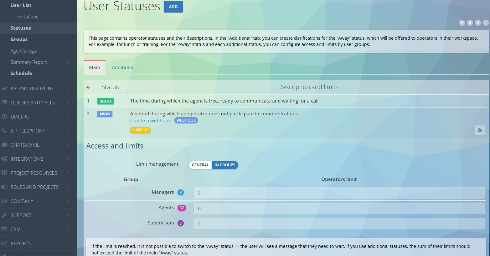 Setting limits for Away status