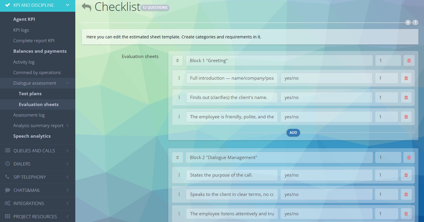 Setting up an evaluation template for agent dialogs