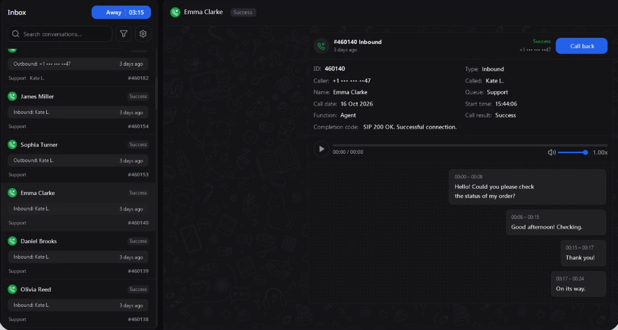 completed call card: data, recording, and transcript
